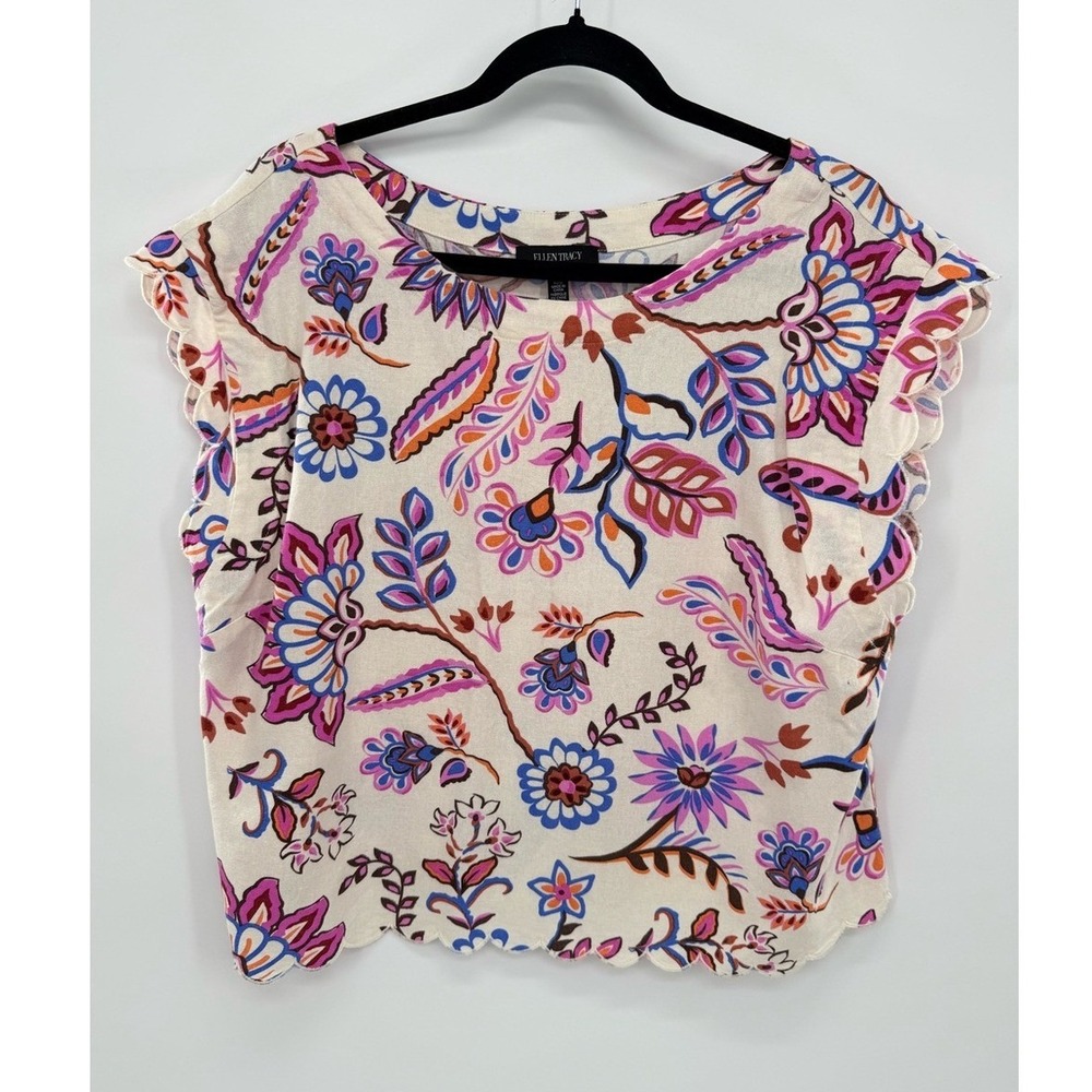 Ellen Tracy Mixed Botanical Floral Linen Blend Scalloped Boxy Top Large coastal